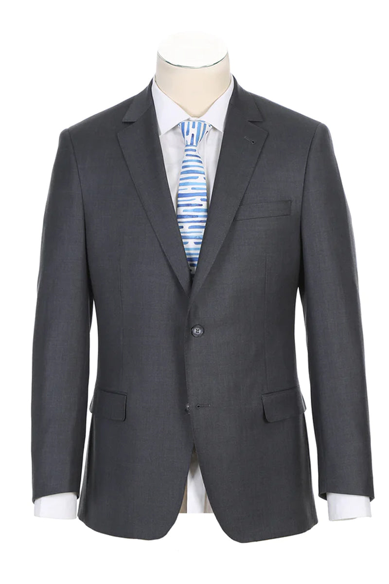 "Designer Men's Wool Suit - Two Button Classic Fit, Half Canvas in Steel Grey"