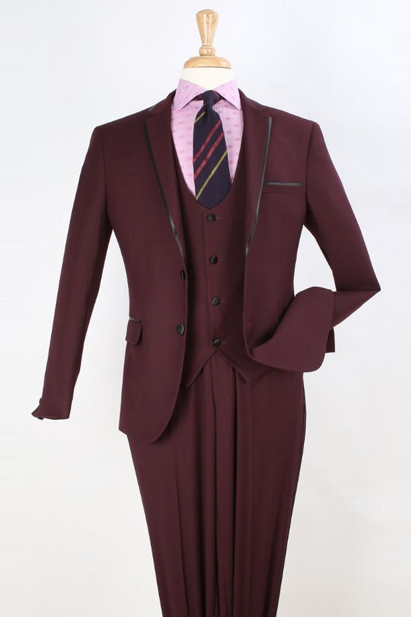 "Burgundy Prom Tuxedo Suit - Men's Slim Fit Two-Button Vested with Trim"