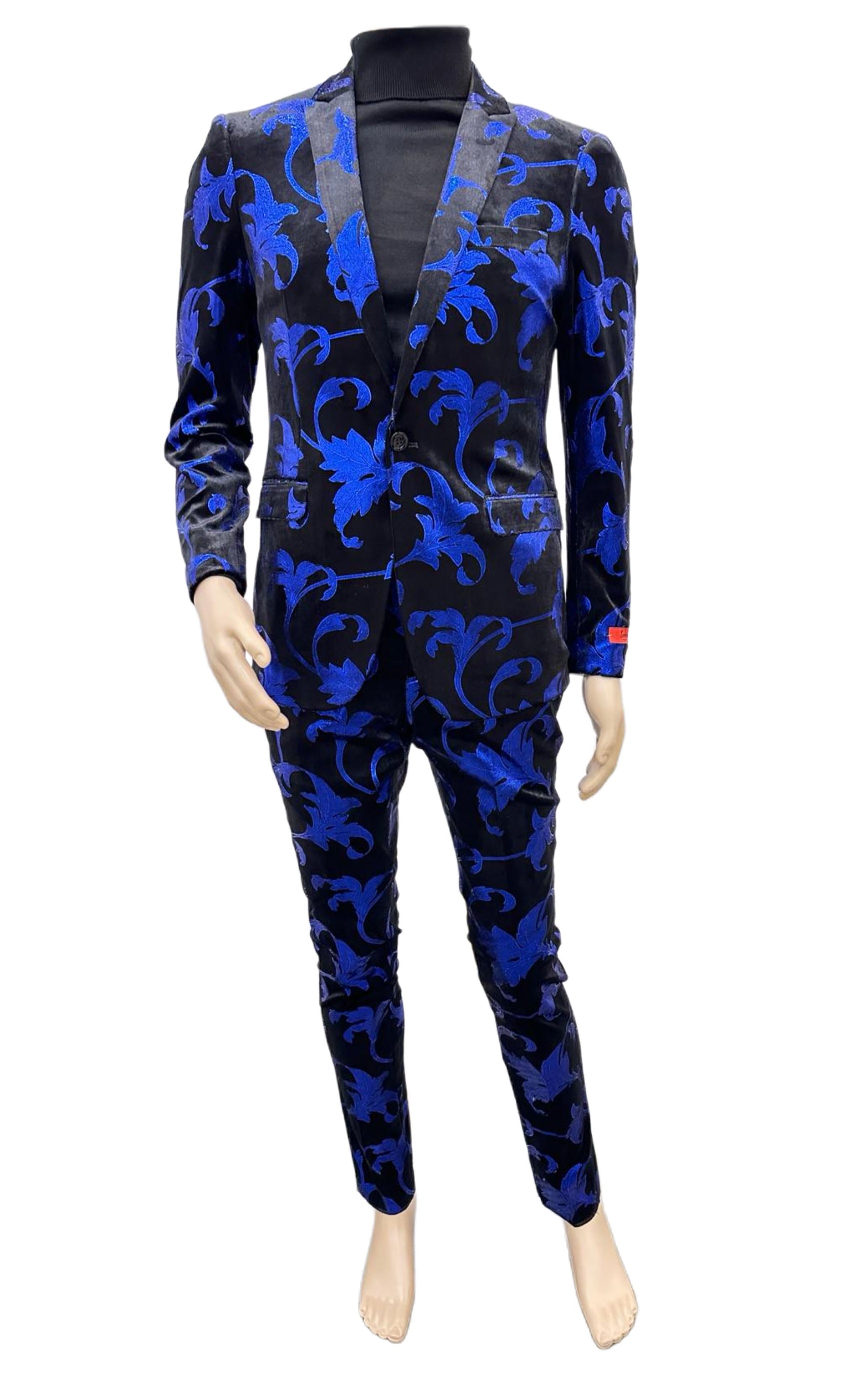 Paisley Suit - Black and Royal Prom 2025 Suit - Slim Fit Stage Suit - Coat Size 38