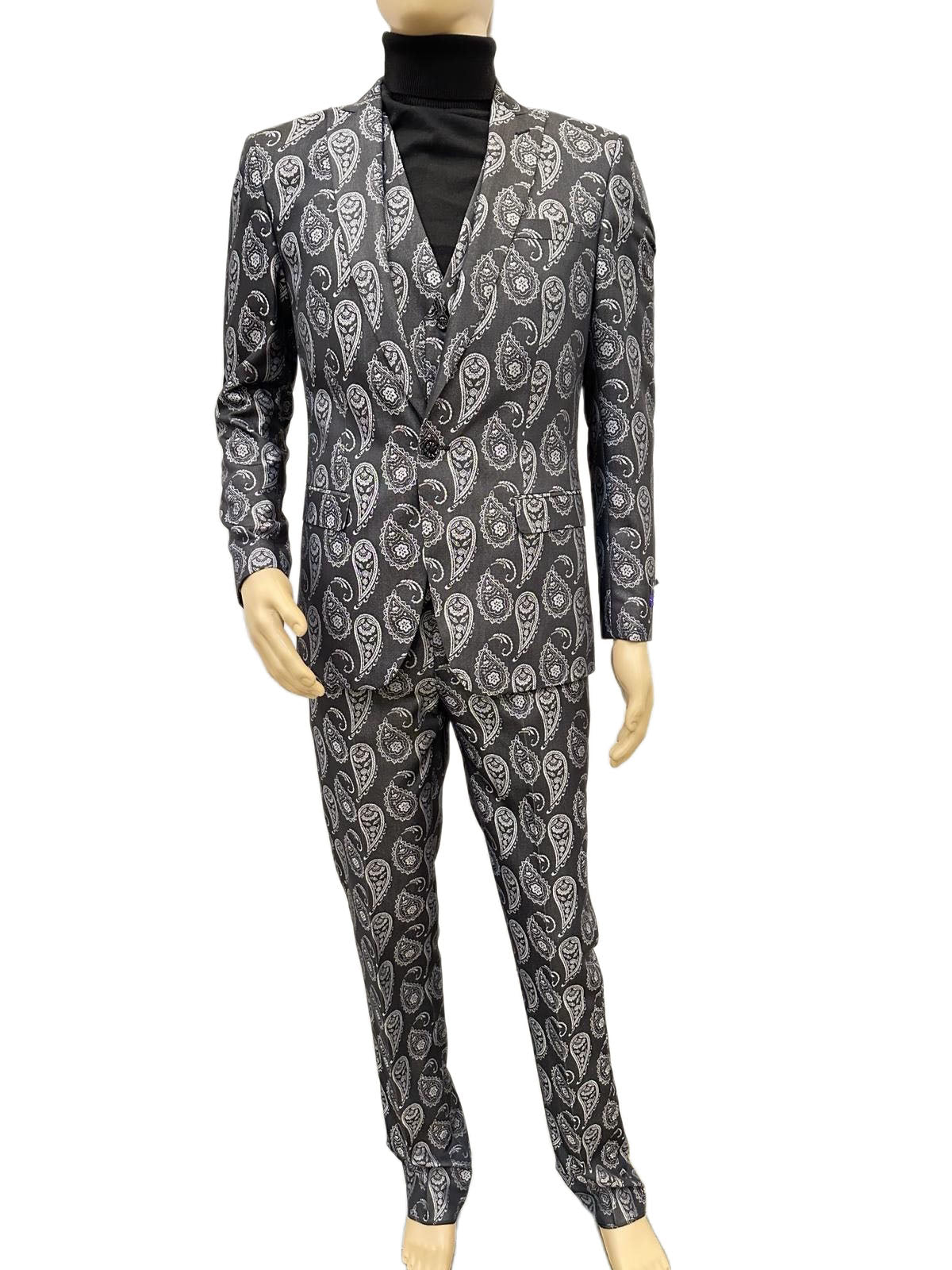 Paisley Suit - Gray - Silver - Charcoal Prom 2025 Suit - Slim Fit Stage Suit - Coat Size 38