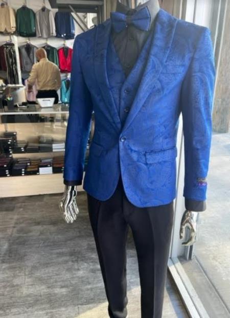 Mens Prom Tuxedo Paisley Suit - Wedding Floral - Royal Blue - Indigo Wedding Jacket + Vest + Pants