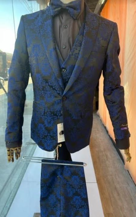 Mens Prom Tuxedo Paisley Suit - Wedding Floral Suit- Midnight - Royal - Navy Blue Wedding Jacket + Vest + Pants - 38 Short Jacket+32 Waist Adjustable 28to34)(Height: 5 4 to5 7 )(Neck 15-16.5)S-M)