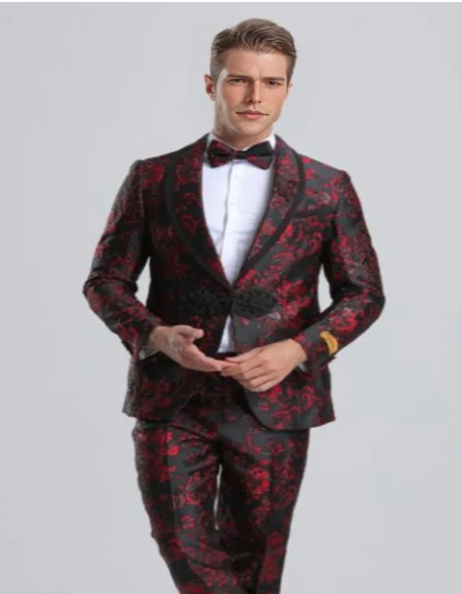 Mens Prom Tuxedo Paisley Suit - Wedding Floral Suit- Red Wedding Jacket + Vest + Pants