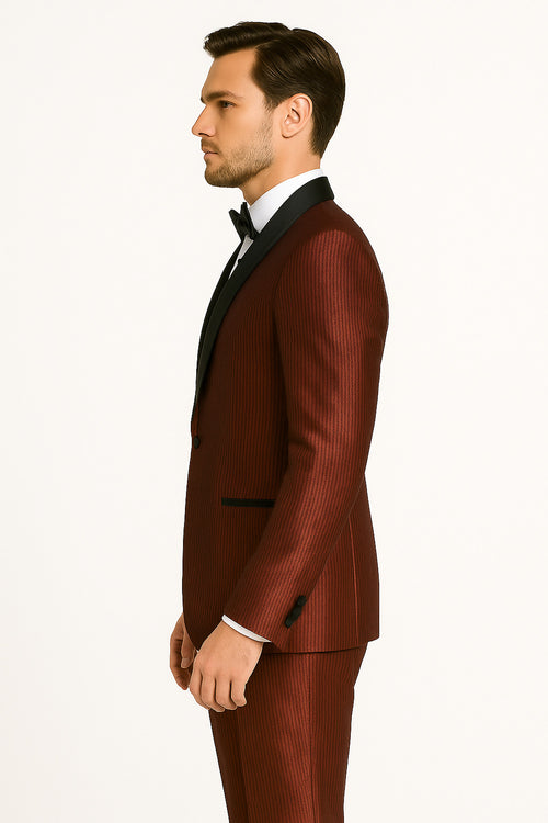 Men's Burgundy Shiny Tuxedo with Black Satin Shawl Lapel – Ultra Slim Fit Party & Prom Suit