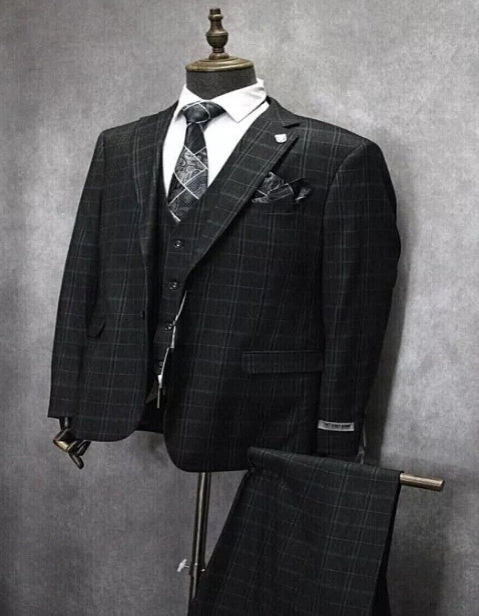 Mens Three Button Notch Lapel Plaid Pattern Suit Charcoal - Coat Size 38
