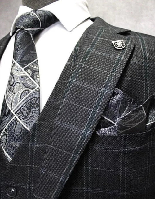 Mens Three Button Notch Lapel Plaid Pattern Suit Charcoal