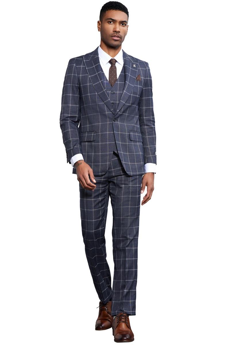 Men's Stacy Adams Classic One Button Vested Windowpane Suit in Charcoal Grey - 38 Regular