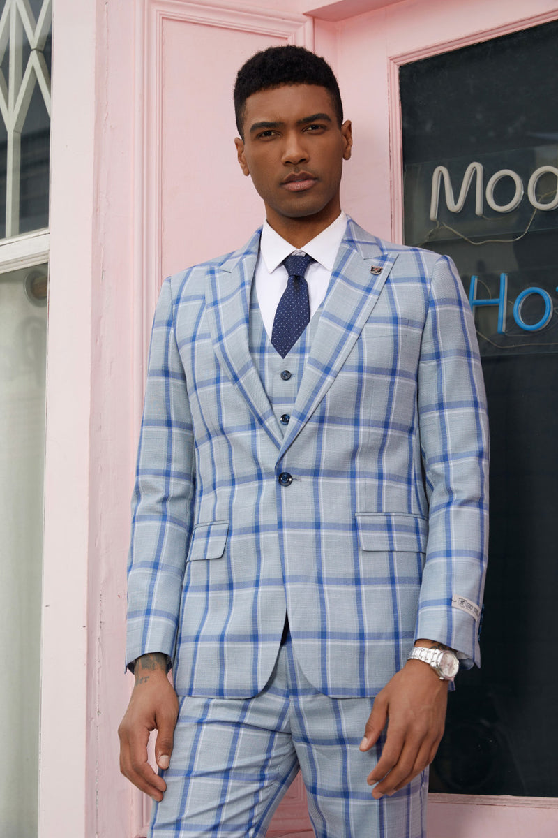 "Mens Stacy Adams Suit - Stacy Adams Suit Men's Vested Peak Lapel Plaid Suit - Blue Windowpane" - 34 Short