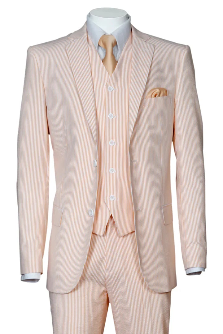 Cheap priced Suit - Mens 2 Button Jacket + Pants Summer Seersucker Peach Suit