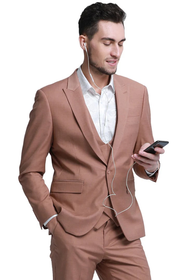 Cheap Priced Suit - Men's Slim Fit One Button Peak Lapel Low Cut Double Breasted Vest Wedding Peach Suit Peach Prom 2025 Suits - 38 Short Jacket+32 Waist Adjustable 28to34)(Height: 5 4 to5 7 )(Neck 15-16.5)S-M)