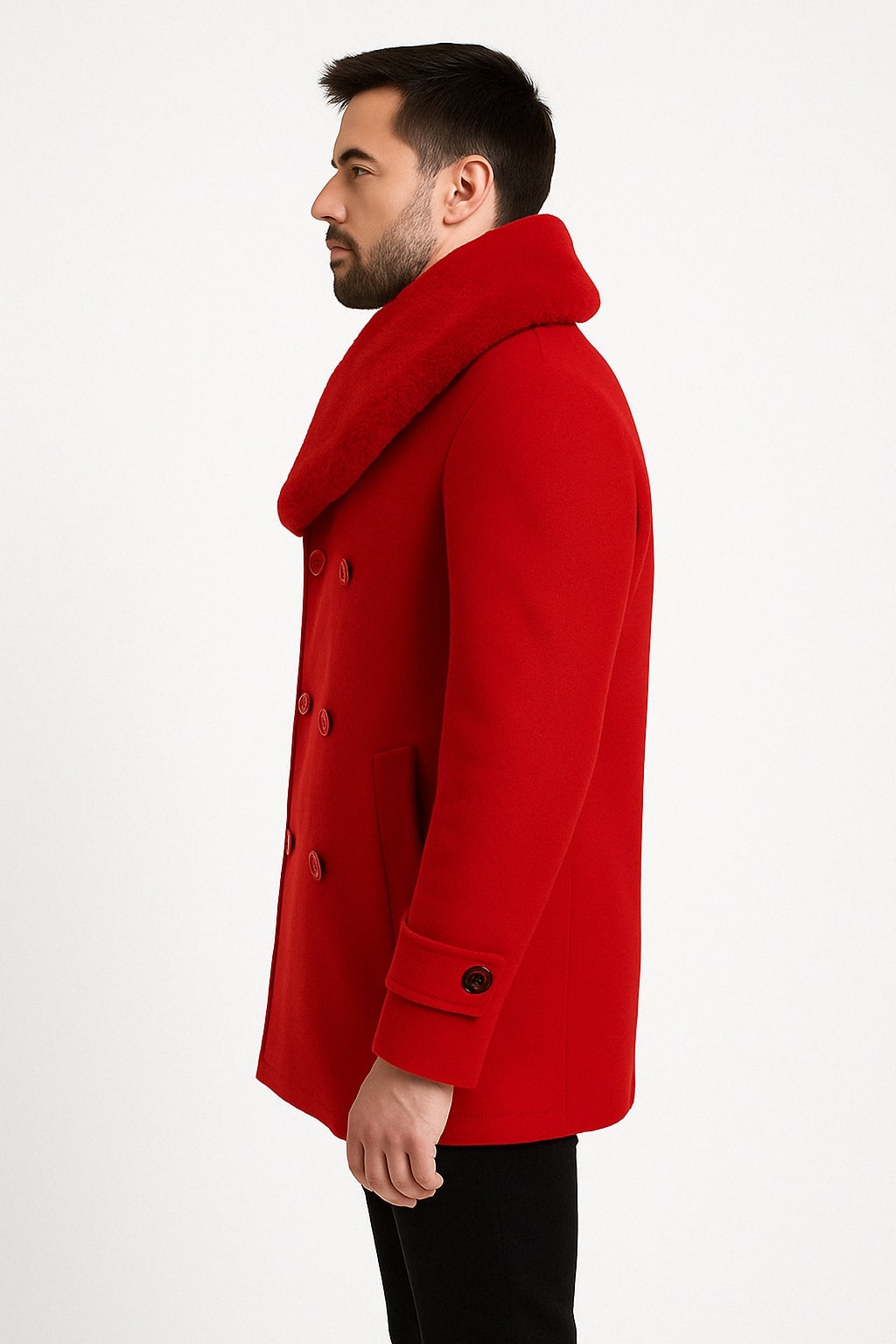 Mens Peacoat Color Red Color - Wool Overcoat with Faux Fur Shawl Collar – Double-Breasted Peacoat for Winter - Coat Size 38