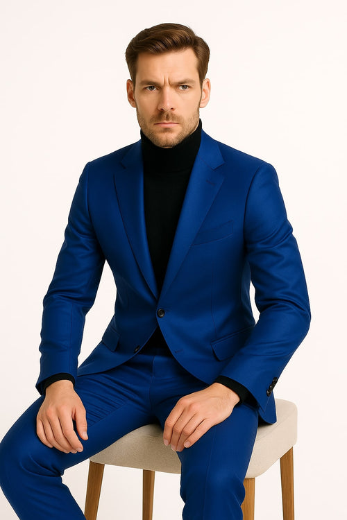 Men's Royal Blue Shiny Satin Suit Γ’β¬β 2-Piece Slim Fit Tuxedo with Peak Lapel