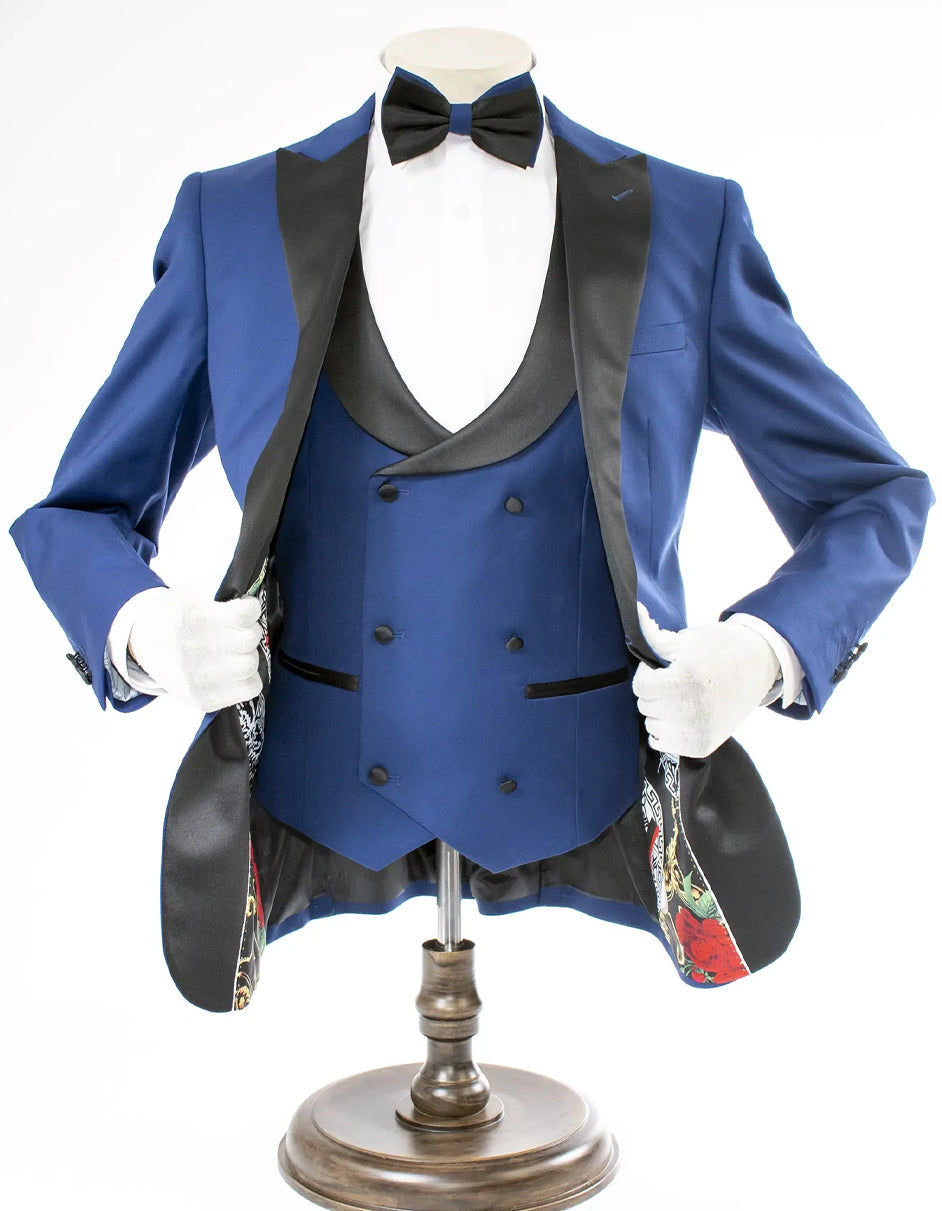 Mens Royal Blue Prom Tuxedo - Mens 2 Button Peak Lapel Prom Sapphire Blue Tuxedo with Double Breasted Vest - 38 Short Jacket+32 Waist Adjustable 28to34)(Height: 5 4 to5 7 )(Neck 15-16.5)S-M)