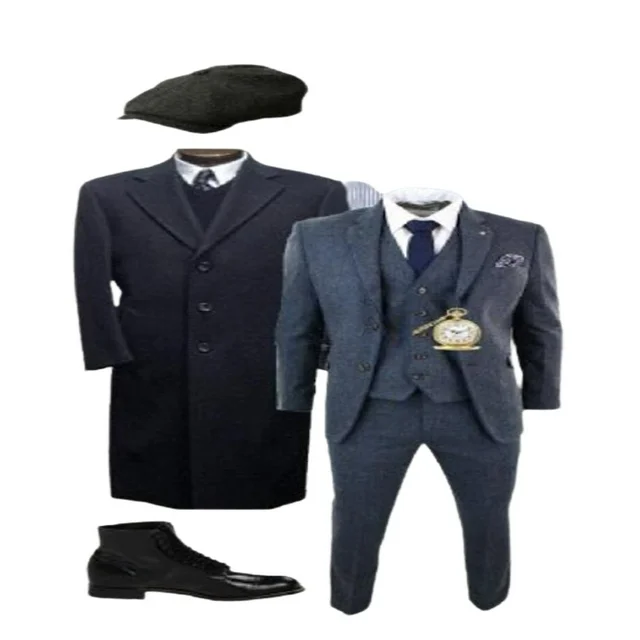 Mens Peaky Blinders Costume peaky blinder outfit - Include peaky blinder actor cap Thomas Shelby Black Herringbone Long Overcoat Outfit - 46 Regular