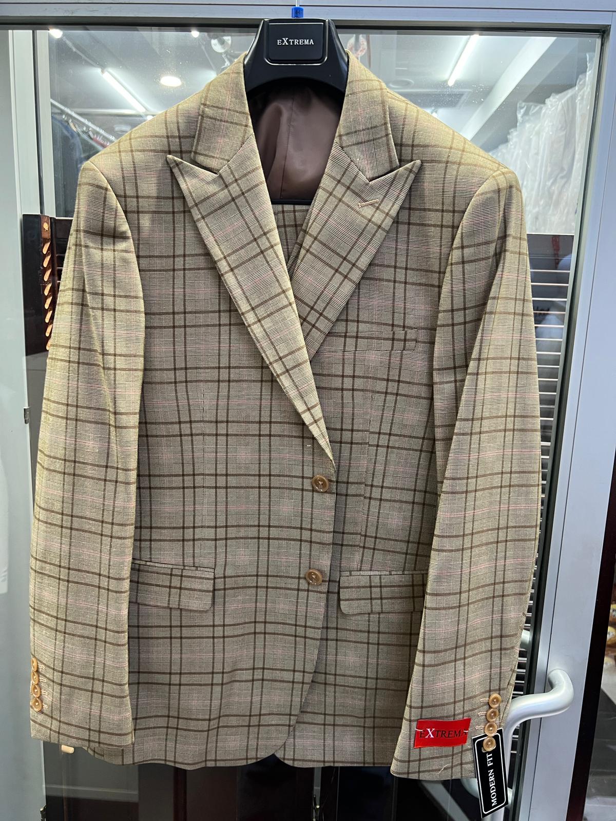 Men's Tan Plaid Blazer – Windowpane Checkered Taupe Colar with Conservative burgunsih Pattern Mix Perfect For Business - Tan