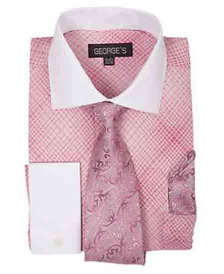 French Cuff Mini Plaid/Checks Rose Pink Shirt With Tie And Handkerchief White Collar Two Toned Contrast Men's Dress Shirt - 15.5" Neck / 33-34" Sleeve