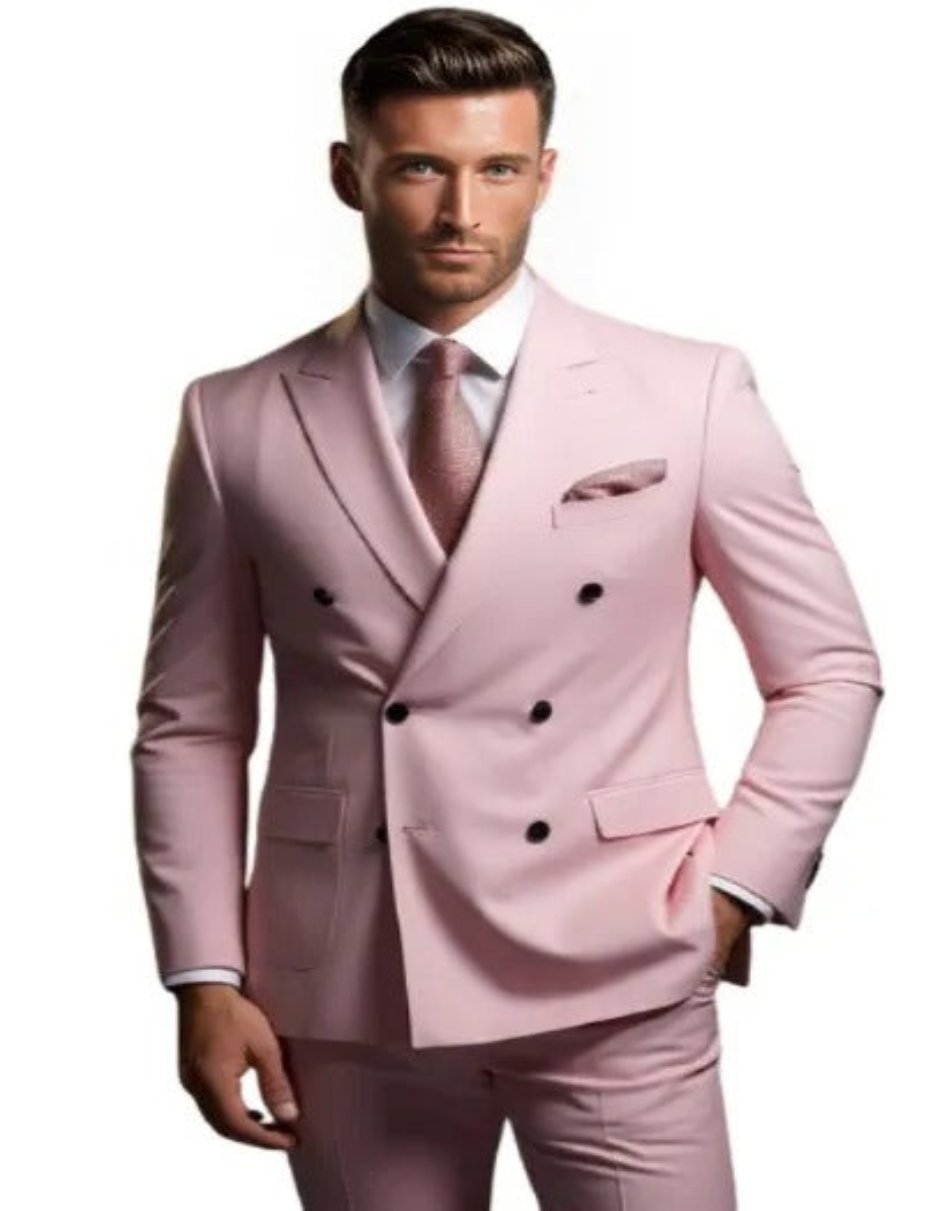 Mens Pink Linen Suit - Double Breasted Summer Suit - 38 Short Jacket+32 Waist Adjustable 28to34)(Height: 5 4 to5 7 )(Neck 15-16.5)S-M)