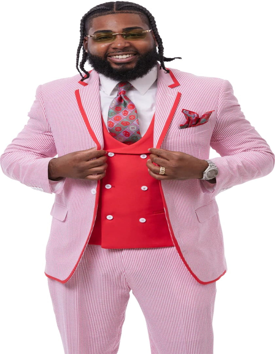 Pinstripe Tuxedo - White and Red Pinstirpe Suit - Wedding Groom Suit Trim Collar Two Toned - Coat Size 38
