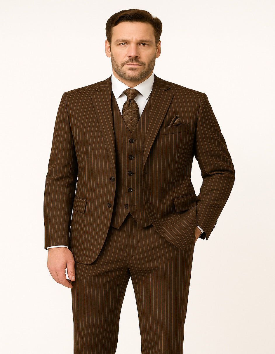 Men's Brown Pinstripe 3-Piece Suit with Matching Vest – Classic Fit Business and Formal Attire - 34 Short or Extra Small