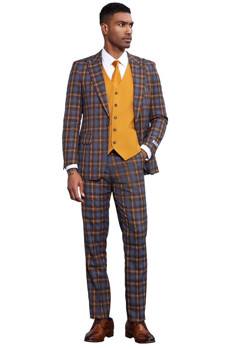 Men's Stacy Adams Bold Windowpane Plaid Print Vested Suit in Grey & Gold - 38 Regular