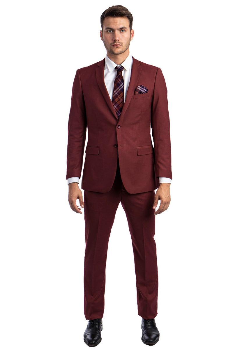 "Burgundy Men's Slim Fit Wedding Suit - Basic 2 Button Design"