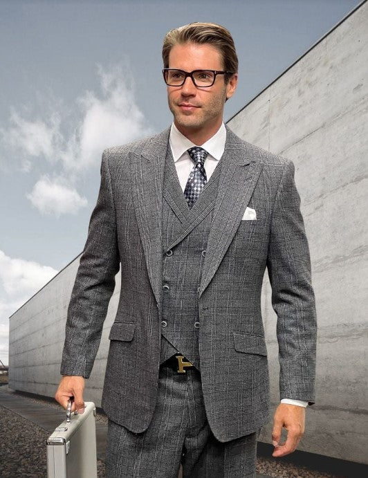 Mens Suit With Pleated Pants - Wool Suit With Plaid Pattern Charcoal Gray and Black Color Mixed - Classic fit Peak Lapel - Coat Size 38