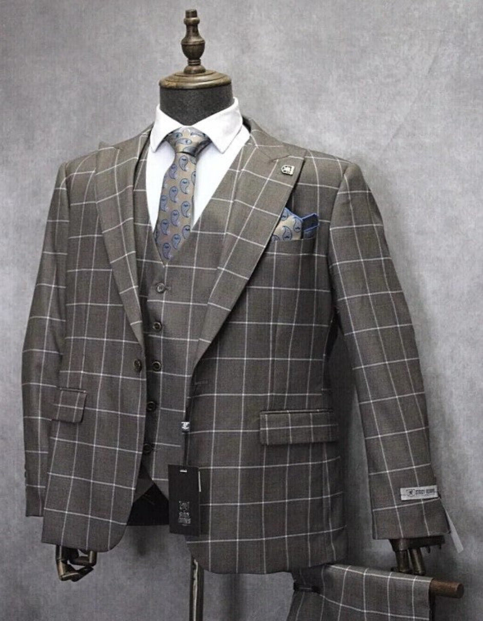 Mens One Button Peak Lapel Plaid Pattern Suit White - Coat Size 38
