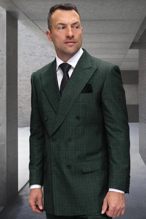 Mens Double Breasted Wool Suit Plaid Regular Fit Hunter