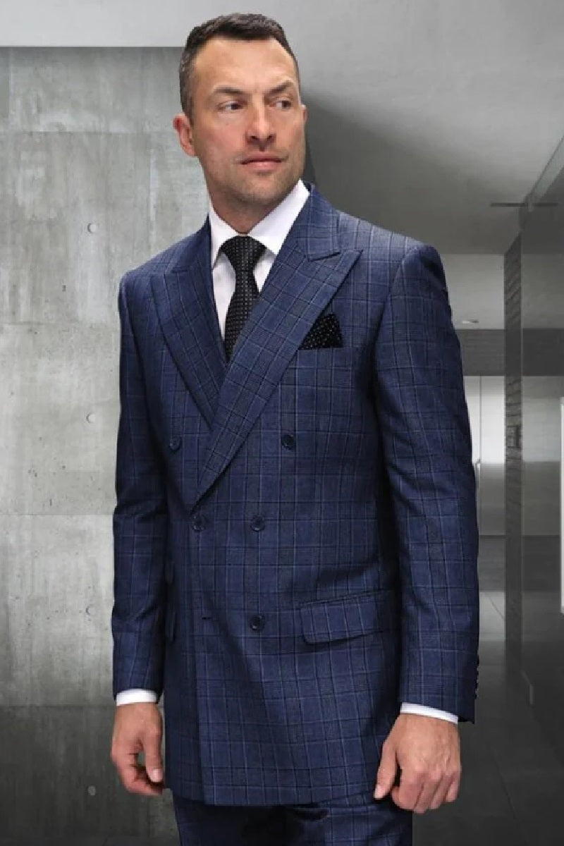 Mens Double Breasted Wool Suit Plaid Regular Fit Sapphire blue
