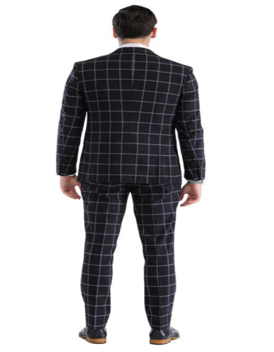 Mens Plaid Suit - Windowpane Pattern With Vest - Business Suit Black - Coat Size 38