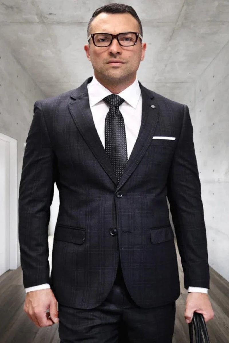 Black Plaid Pattern Suit For Men 2 Button Windowpane Italian Super 150's Fabric Suit Side Vented - 100% Percent Wool Fabric Suit - Worsted Wool Business Suit