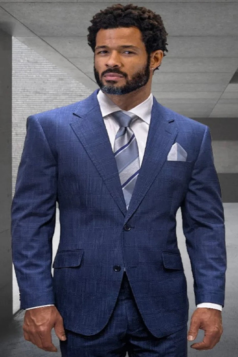 Mens 3 Piece 100 Percent Wool Suit - Affordable Italian Super 150's Fabric in Plaid Texture Fabric in Color Blue - Online Special - Coat Size 38
