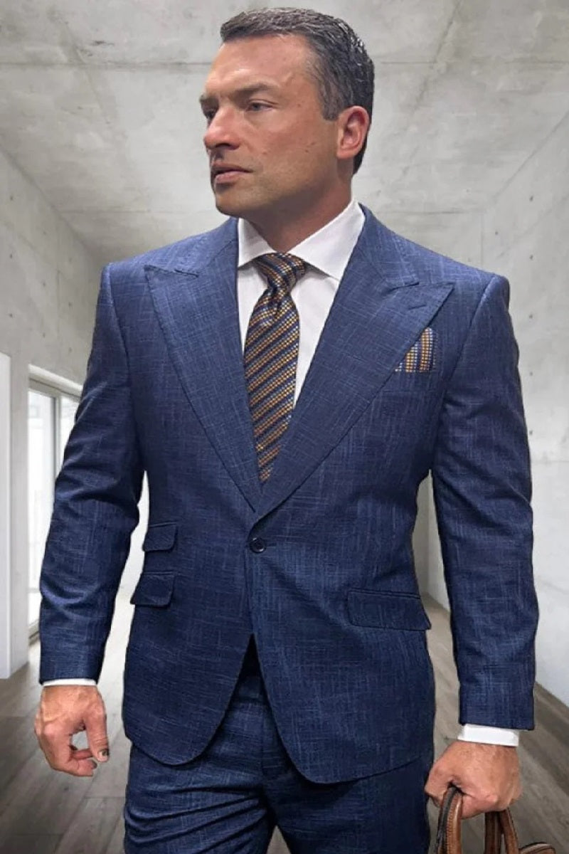 Mens 3 Piece 100 Percent Wool Suit - Affordable Italian Super 150's Fabric in Plaid Texture Fabric in Color Indigo Blue - Online Special - Coat Size 38
