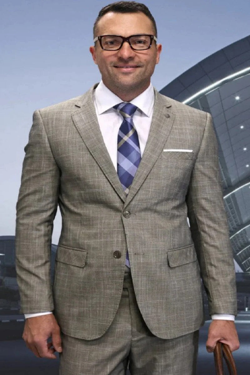 Mens 3 Piece 100 Percent Wool Suit - Affordable Italian Super 150's Fabric in Plaid Texture Fabric in Color Tan - Online Special - Coat Size 38