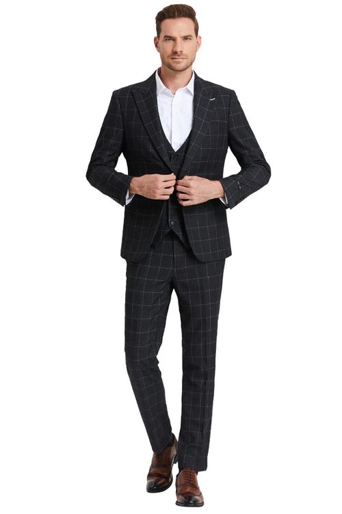 Cheap Priced Suit - Men's One Button Peak Lapel Vested Bold Chalk Windowpane Plaid Black Suit