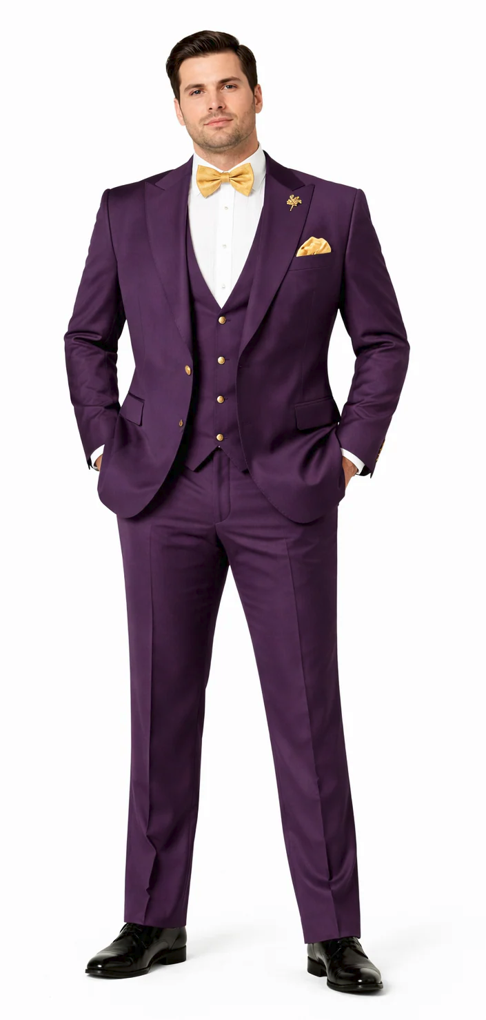 38 Rossiman Mens Plum Purple Suit – Gold Buttoned Double-Breasted Elegance