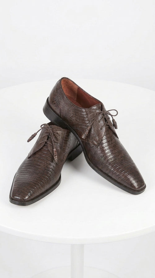 Men’s Original Exotic Teju Lizard Skin Shoes ZV080707, Brown Lace-Up Formal Dress Shoes