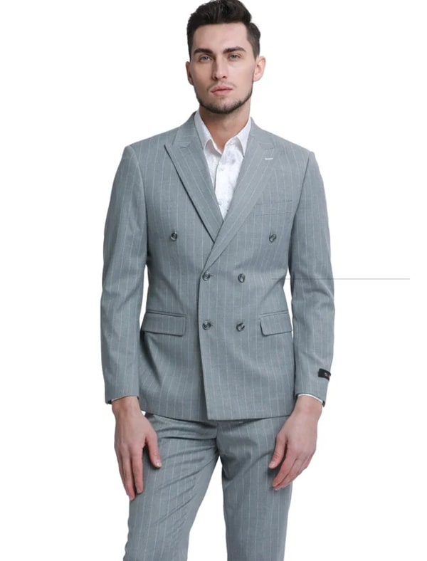 Premium Grey Pinstripe Double-Breasted Suit – Tailored Elegance - 38 Short Jacket+32 Waist Adjustable 28to34)(Height: 5 4 to5 7 )(Neck 15-16.5)S-M)