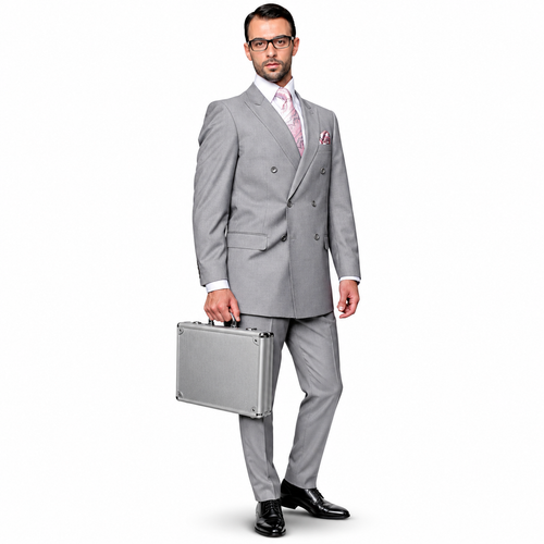 Men’s Double-Breasted Regular Fit 3 Piece Suit with Pleated Pants - Grey
