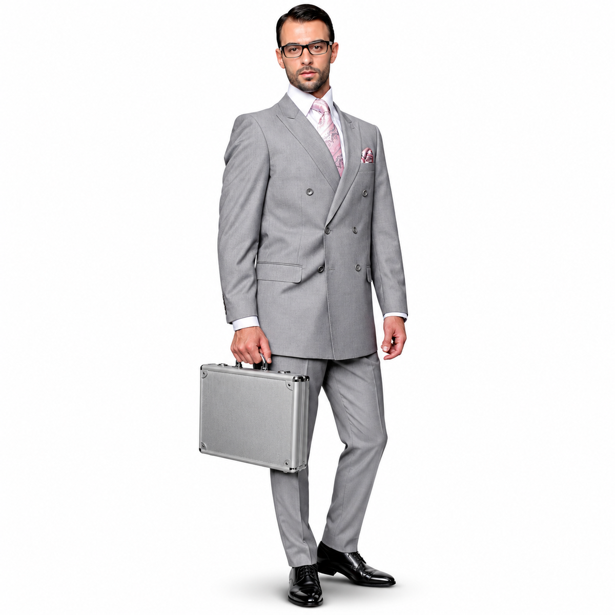 Men’s Double-Breasted Regular Fit 3 Piece Suit with Pleated Pants - Grey