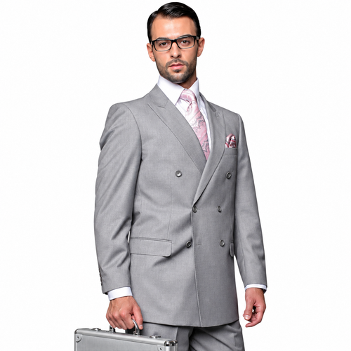 Men’s Double-Breasted Regular Fit 3 Piece Suit with Pleated Pants - Grey