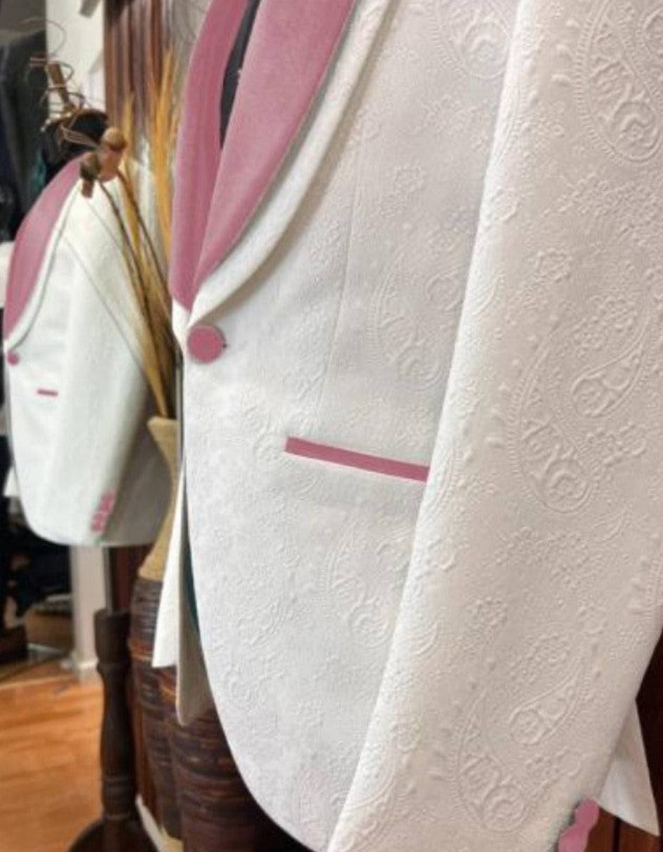 WHITE AND PINK TUXEDO - PROM SUIT (JACKET + PANTS + VEST + BOWTIE PACKAGE - 34 Short or Extra Small