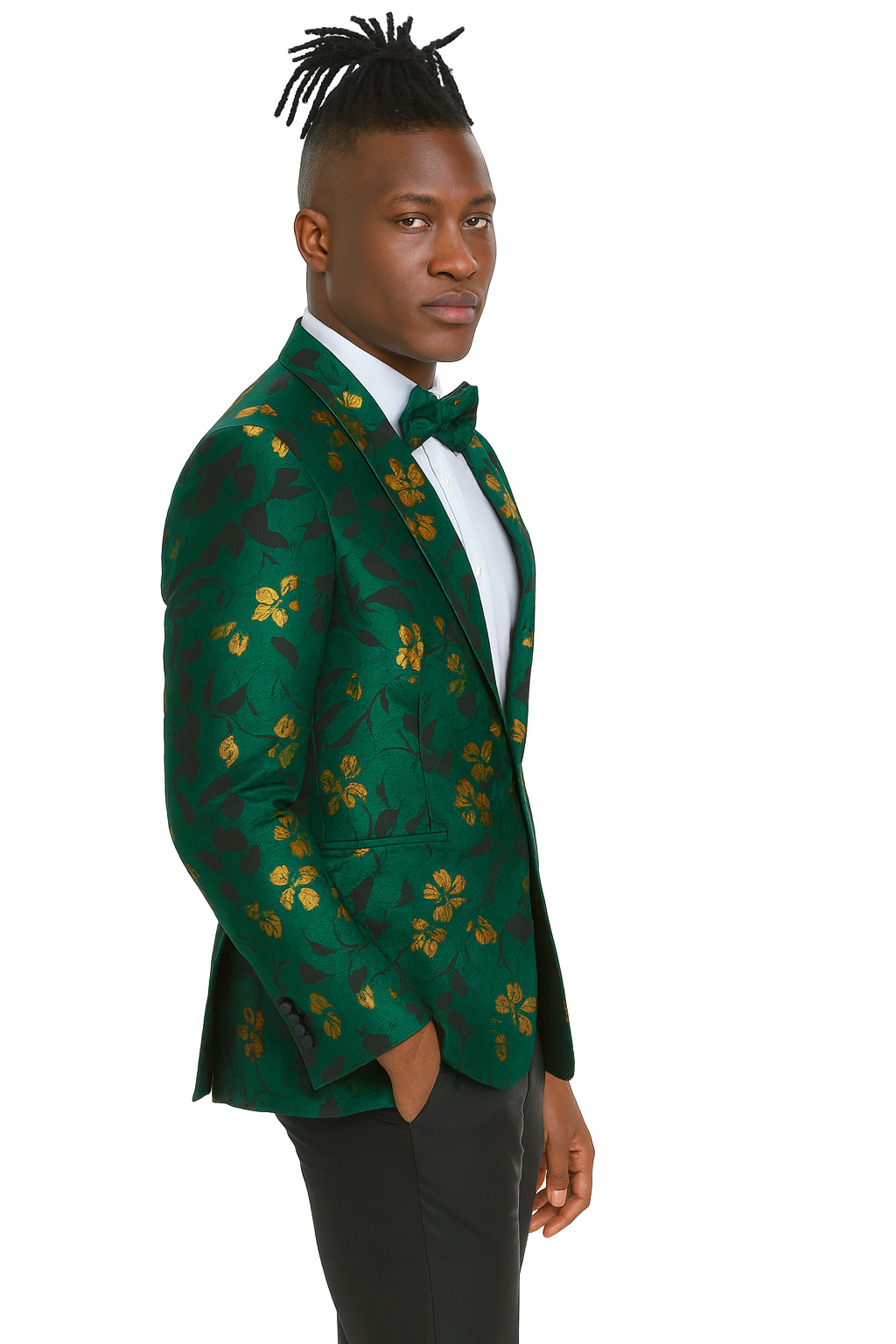 Men's slim fit hunter green and gold paisley prom and wedding tuxedo jacket - Large
