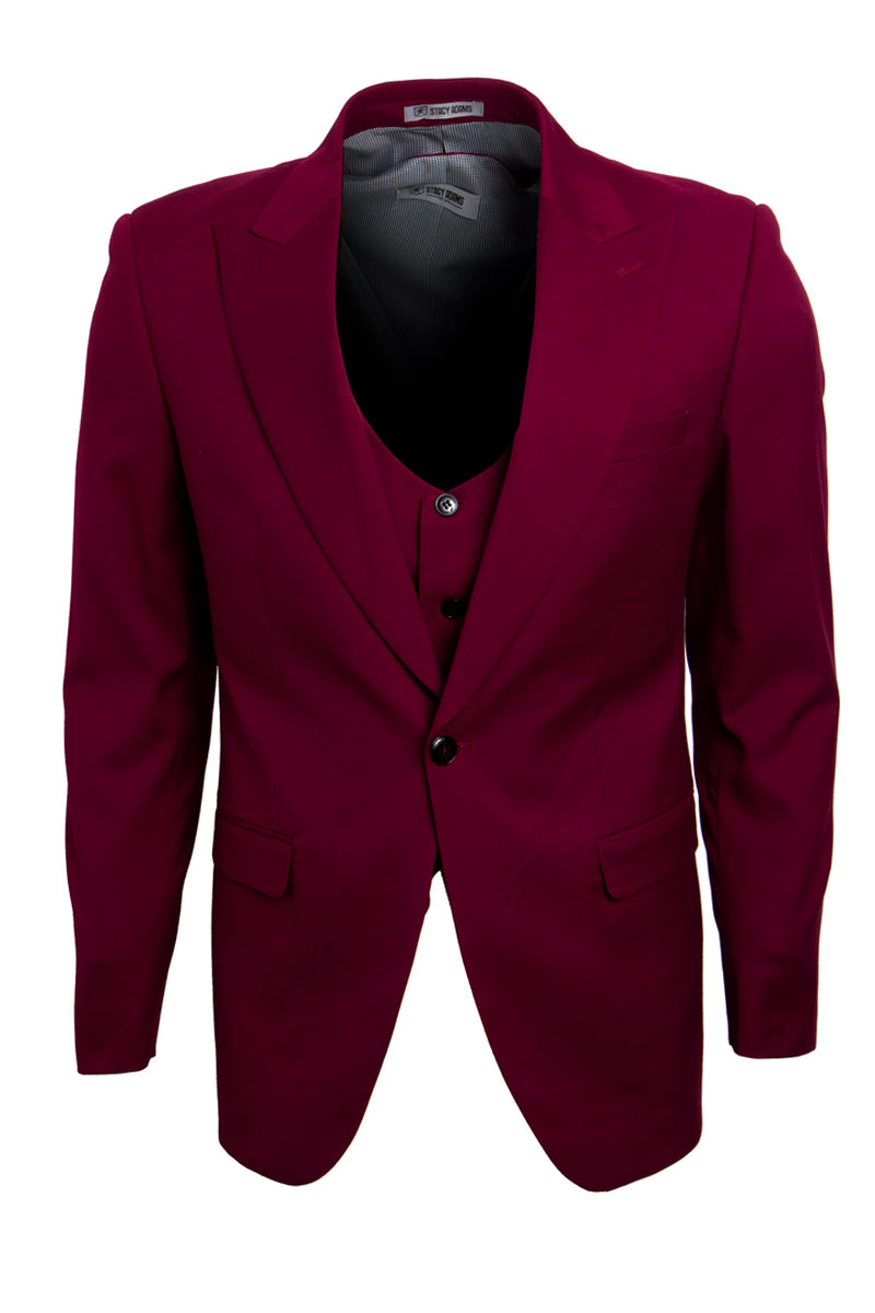 "Mens Stacy Adams Suit - Stacy Adams Suit Men's Burgundy Suit - One Button Peak Lapel with Vest" - 34 Regular