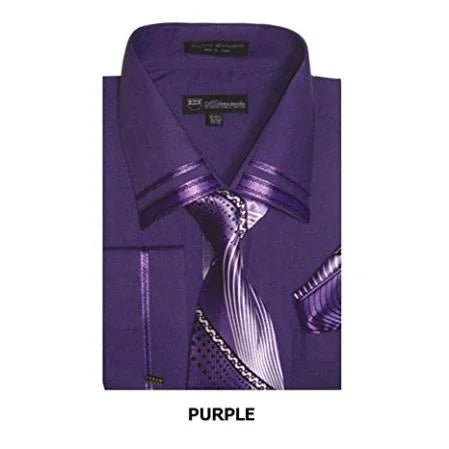 French Cuff + Tie + Handkerchief Set Spread Collar Purple Men's Dress Shirt