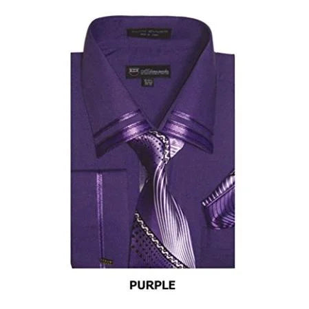 French Cuff + Tie + Handkerchief Set Spread Collar Purple Men's Dress Shirt - Medium 15.5" Neck / 34-35" Sleeve