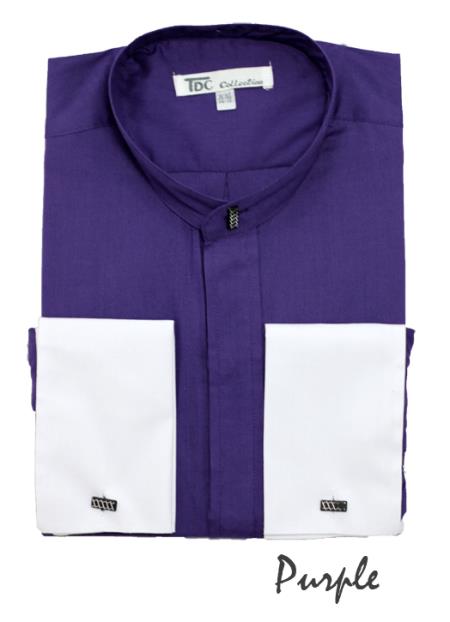 Fashion Hidden Button French Cuff Mandarin Collarless Preacher Round Style Purple Men's Dress Shirt - 16" Neck / 34-35" Sleeve
