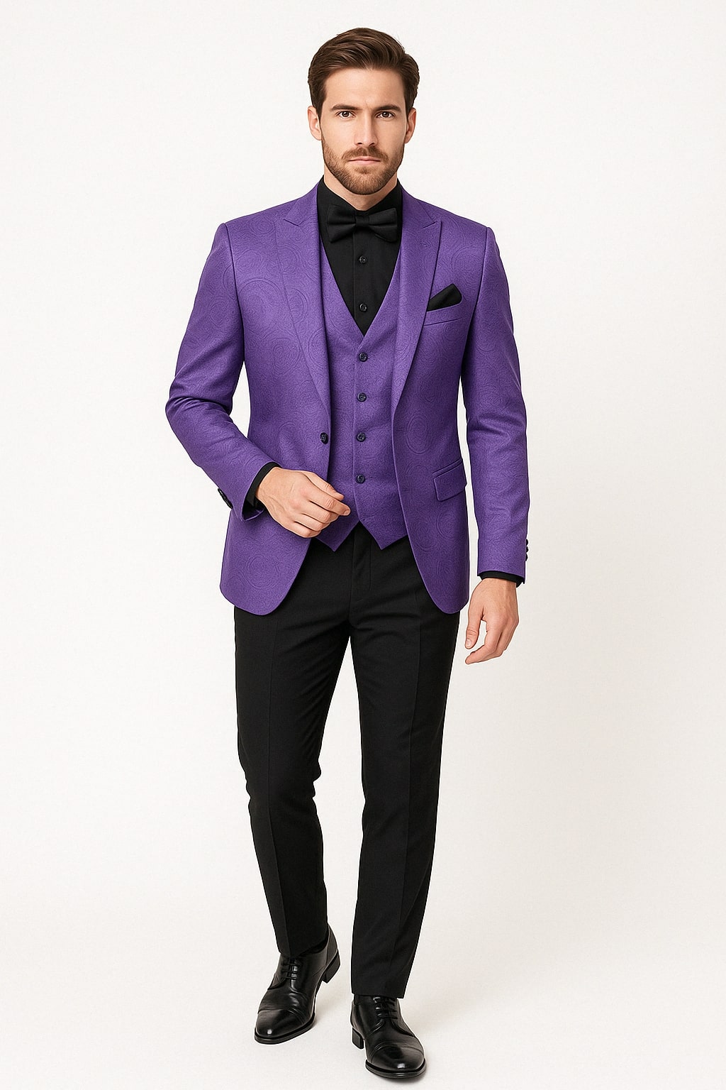 Men’s Purple Paisley Tuxedo Suit – 3 Piece Formal Set with Vest and Bow Tie
