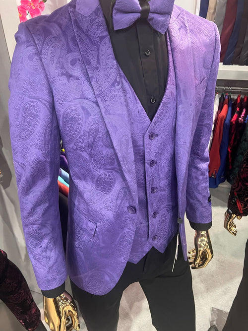 Mens Purple Paisley Tuxedo Suit 3 Piece Formal Set with Vest and Bow Tie