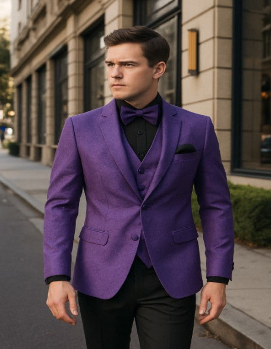 Mens Purple Paisley Tuxedo – 3 Piece Suit with Bow Tie and Black Pants | Wedding & Prom Outfit - Slim Fitted - 34 Short or Extra Small